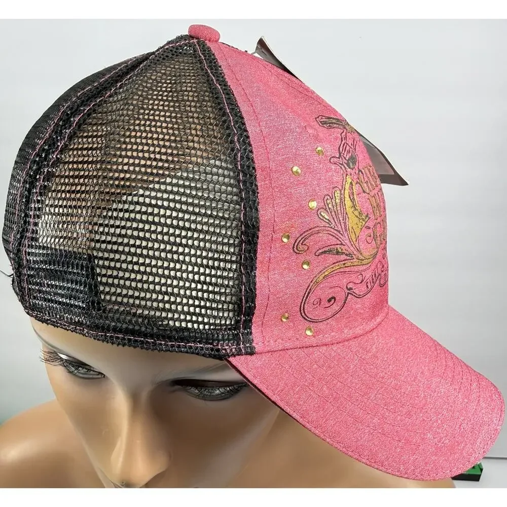 Outdoor Cap Girls With Guns Crossing Pistols Trucker Hat Pink Black Gold Sparkle